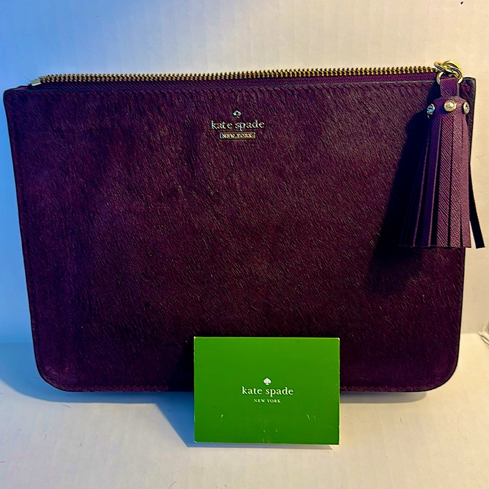 Kate Spade NEW calf fur burgundy handheld clutch plum with Gold Accents - Picture 7 of 7